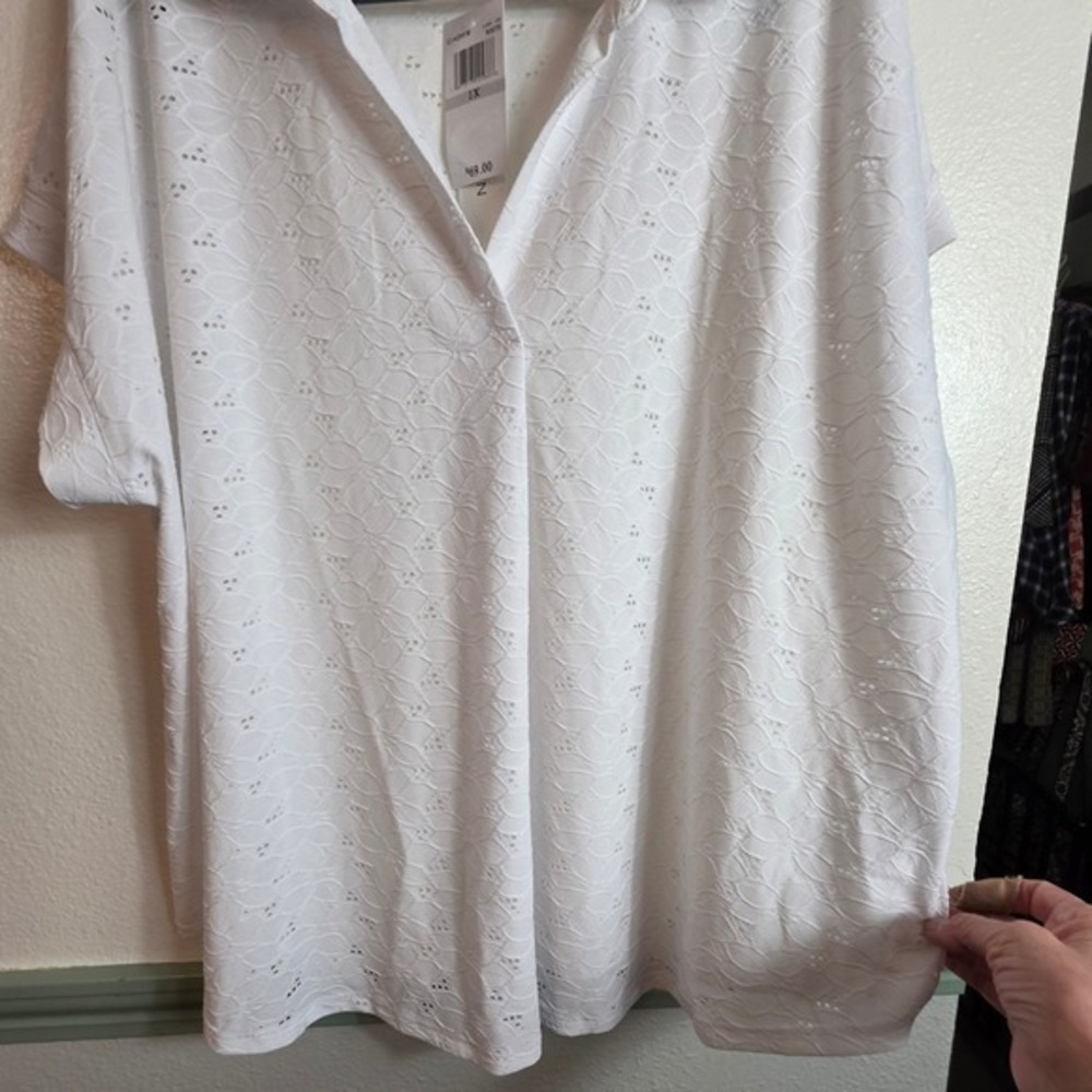 😍 Rio & Rian Polo Top Women 1X White Eyelet Floral V-Neck Short Sleeve New - Picture 11 of 13